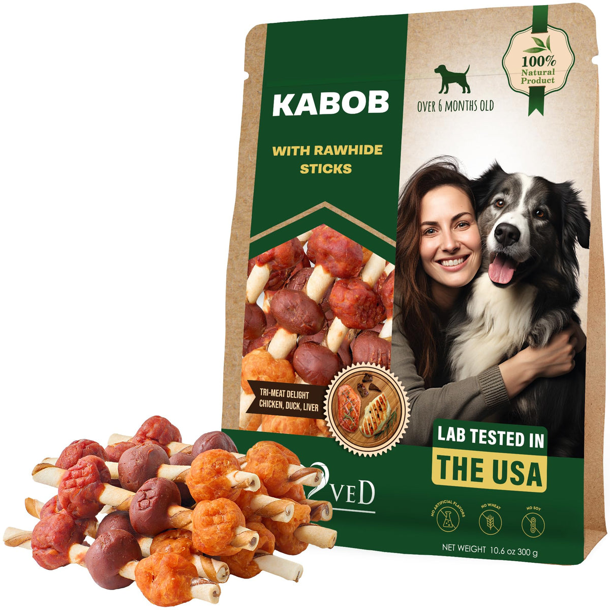 Beloved Pets Rawhide Kabobs wrap image shows rawhide with chicken, ideal for long-lasting chews.