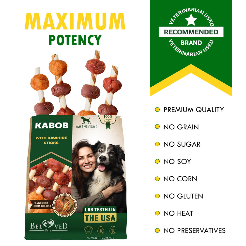 Beloved Pets Rawhide Kabobs ingredients label highlights simple, high-protein meat content.