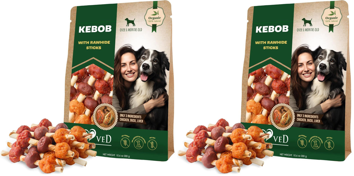 Beloved Pets rawhide kabobs pack2 unwrap shows convenient chew time and long-lasting training rewards.