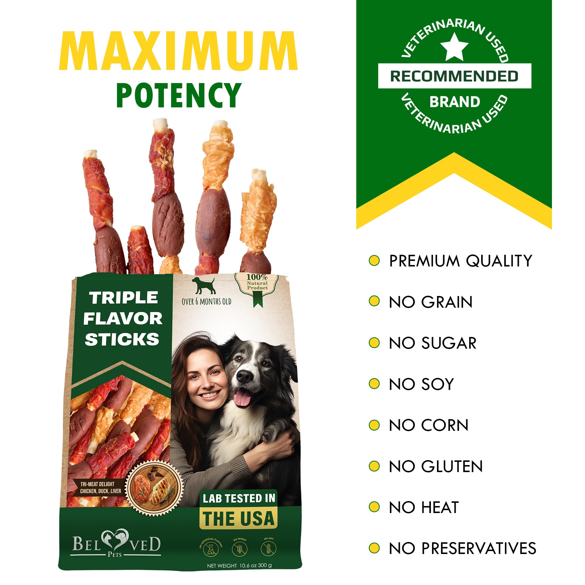Beloved Pets triple-stick pack easy portioning for treats and workouts.