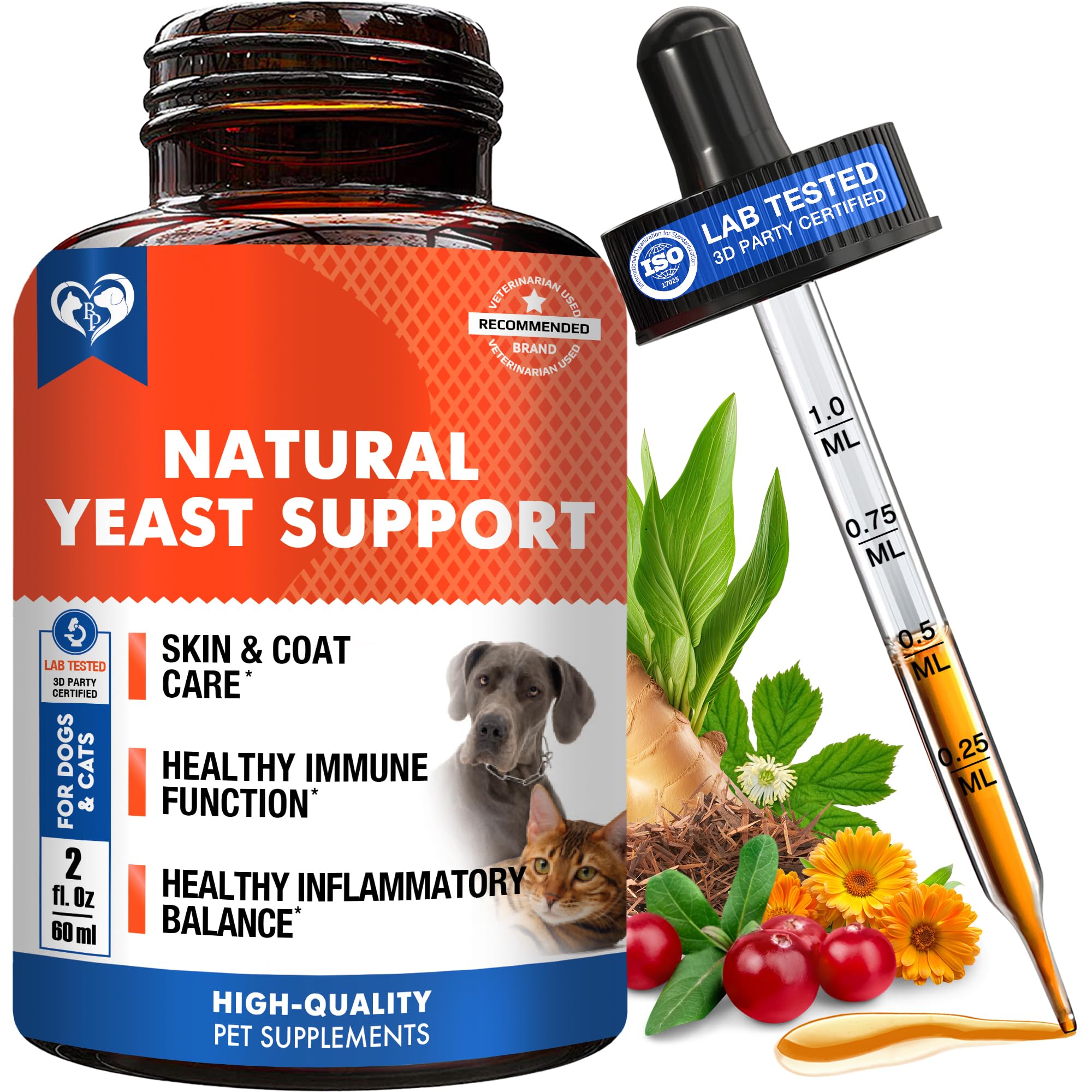 Beloved Pets yeast infection drops bottle shows soothing herbal relief for itchy skin