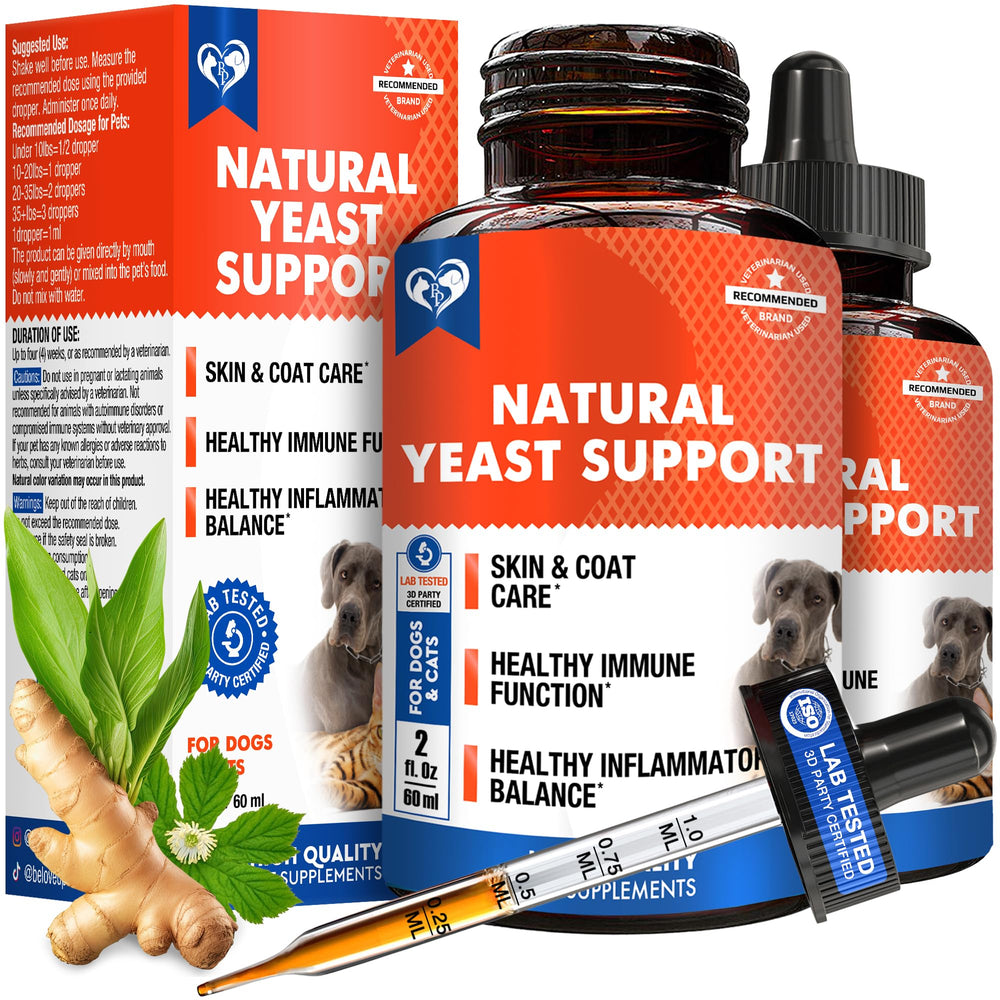 Beloved Pets yeast-infection-relief bottle pour shows gentle herbal application for pets.