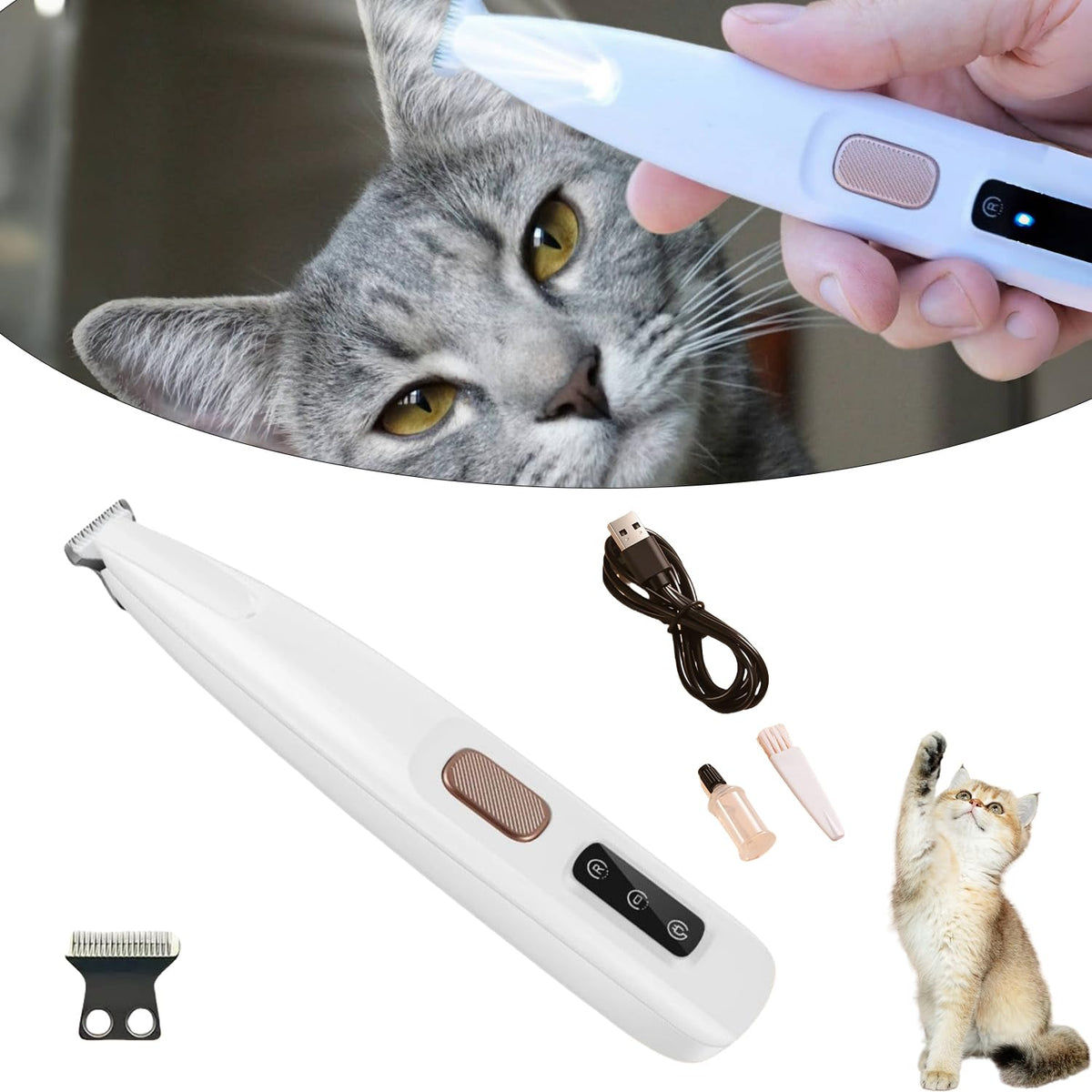 Belvedir Cat Grooming Trimmer front view demonstrates compact cordless design for precise trimming.