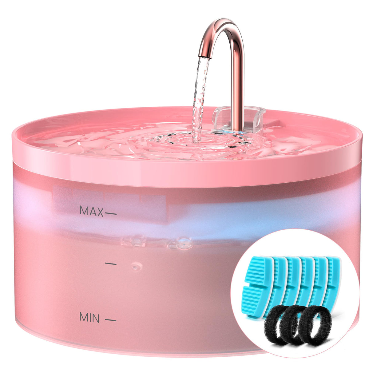 BEMOONY pink cat water fountain front view, 108oz capacity for multi-pet homes.