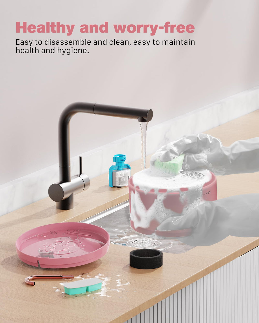 BEMOONY pink cat fountain packaging and 2-year warranty details.