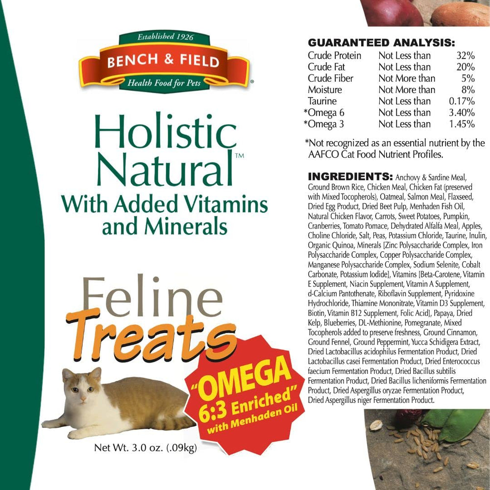 Bench & Field holistic kitty treats vitamins minerals panel shows immune-supporting antioxidants.
