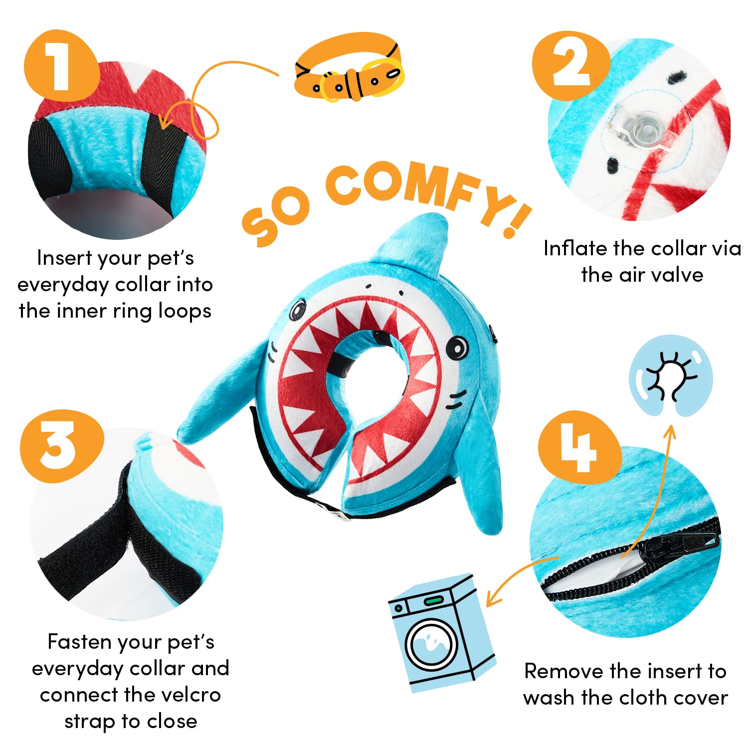 BENCMATE inflatable dog cone with adjustable strap provides a precise secure fit.