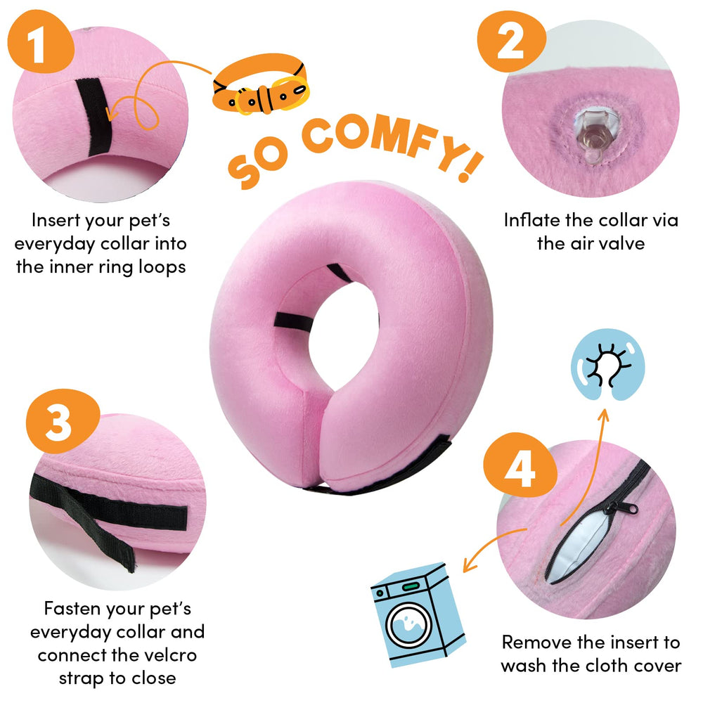 BENCMATE pink cone with inner ring loops stabilizes a pet’s collar.