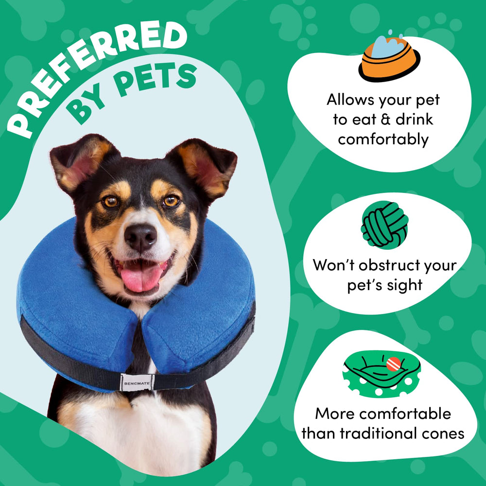 BENCMATE inflatable collar with inner ring loops for stabilization over daily collars.