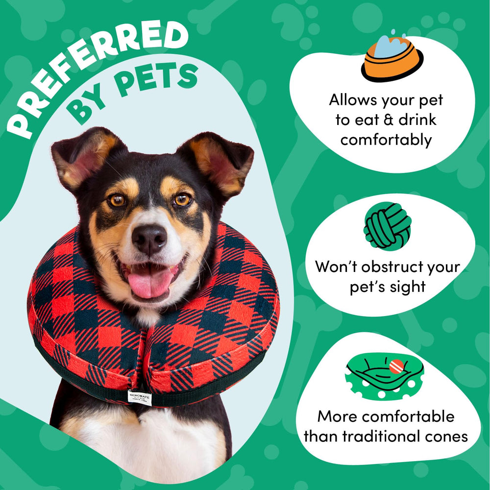 BENCMATE plaid large donut collar on bed demonstrating comfortable wear at home