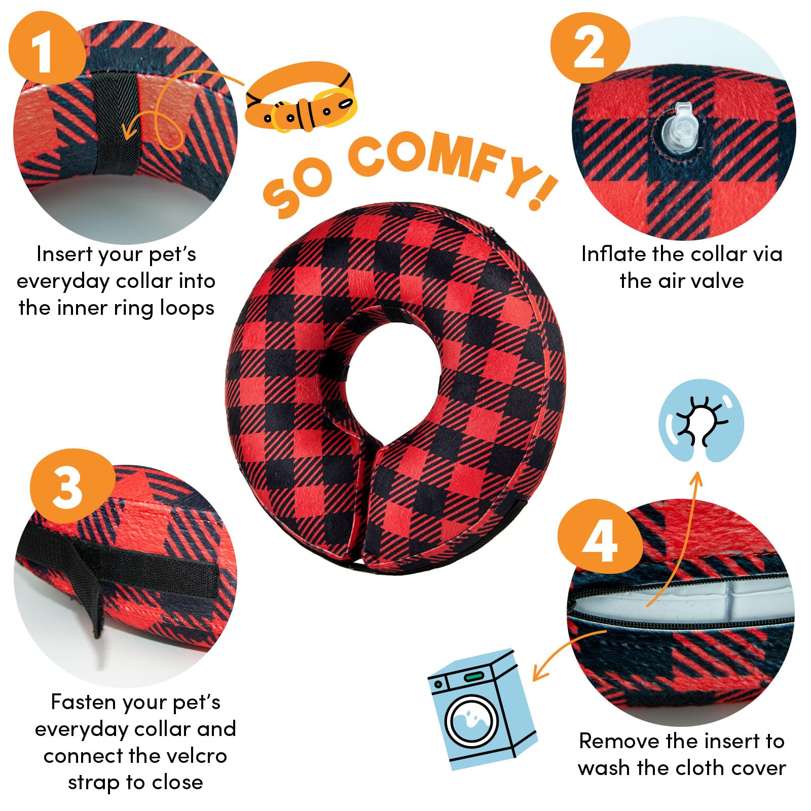 BENCMATE soft plaid donut collar closeup showing gentle protection during recovery