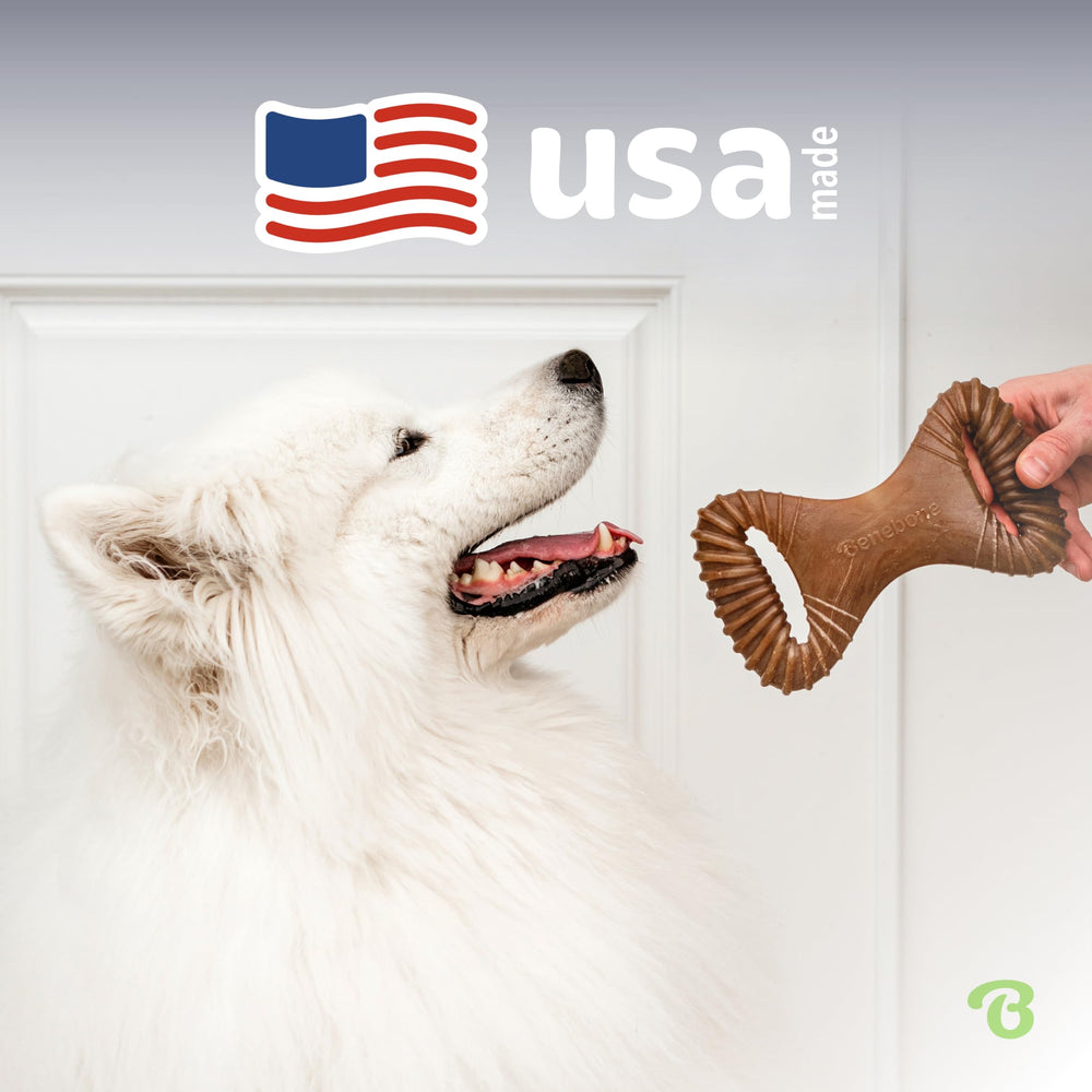 Benebone dog chew-tug toy provides long-lasting chew and playful tug.