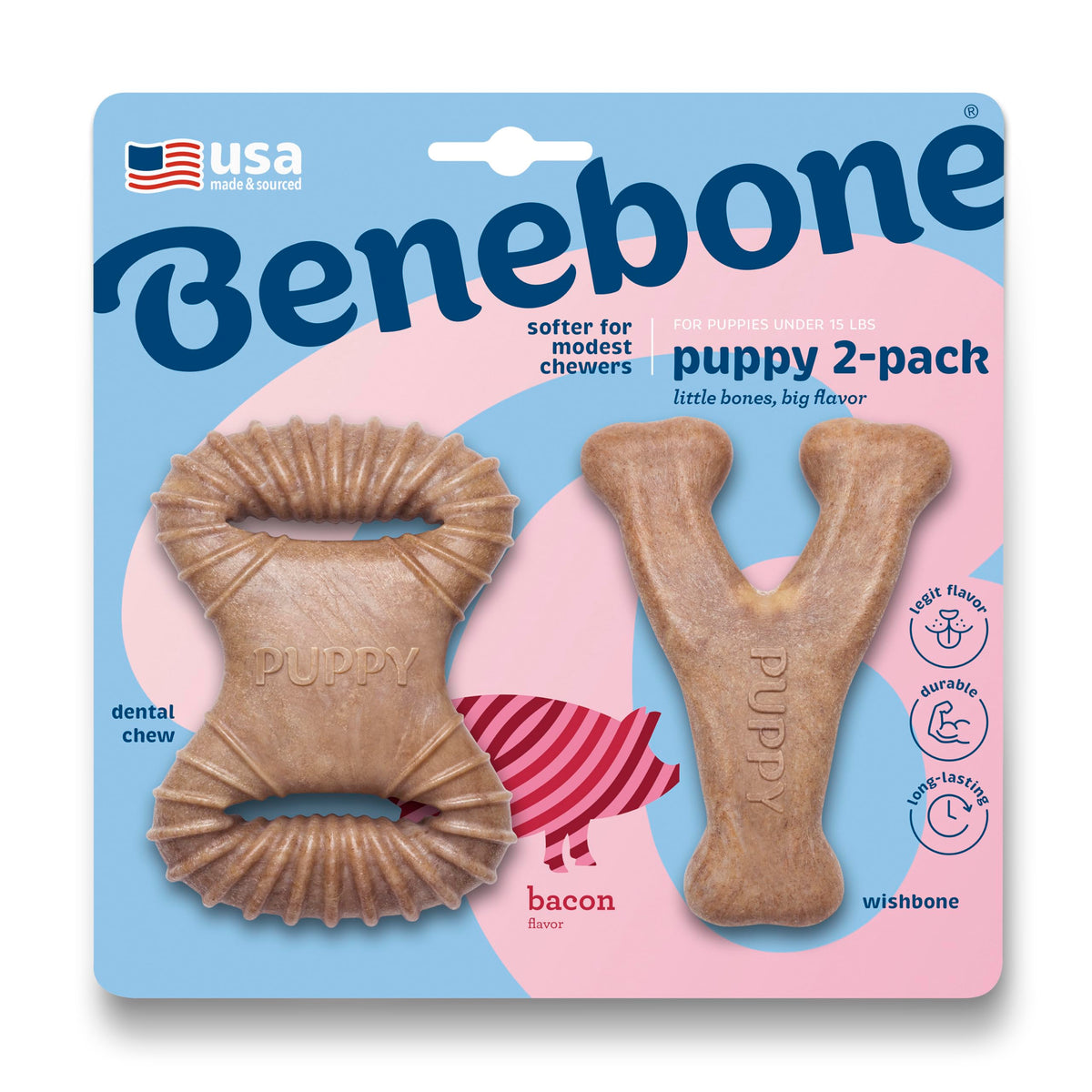Benebone Puppy dental chew wishbone packshot highlights USA-made flavor appeal for teething pups.