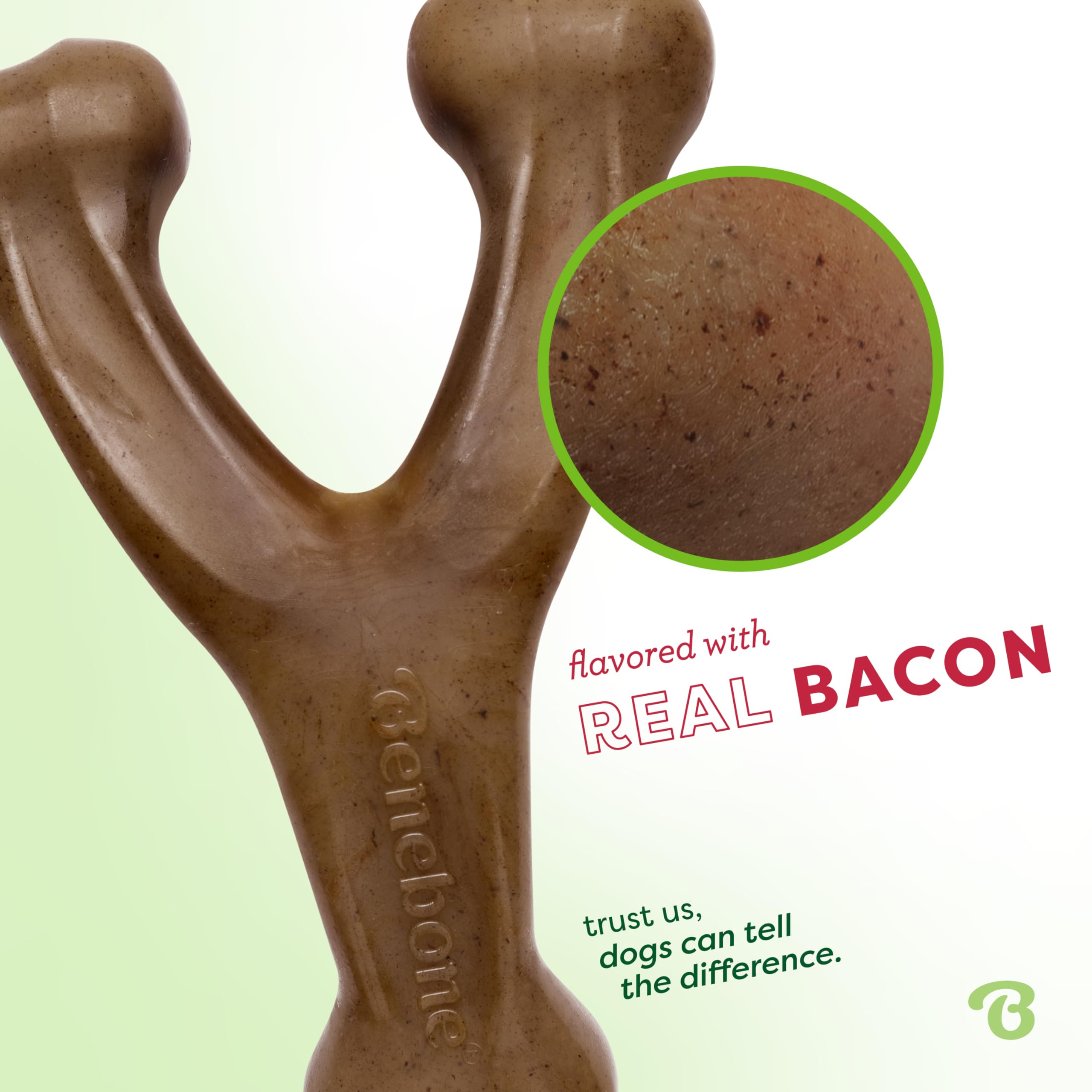 Benebone Wishbone real bacon flavor closeup: enticing aroma and tasty chew.