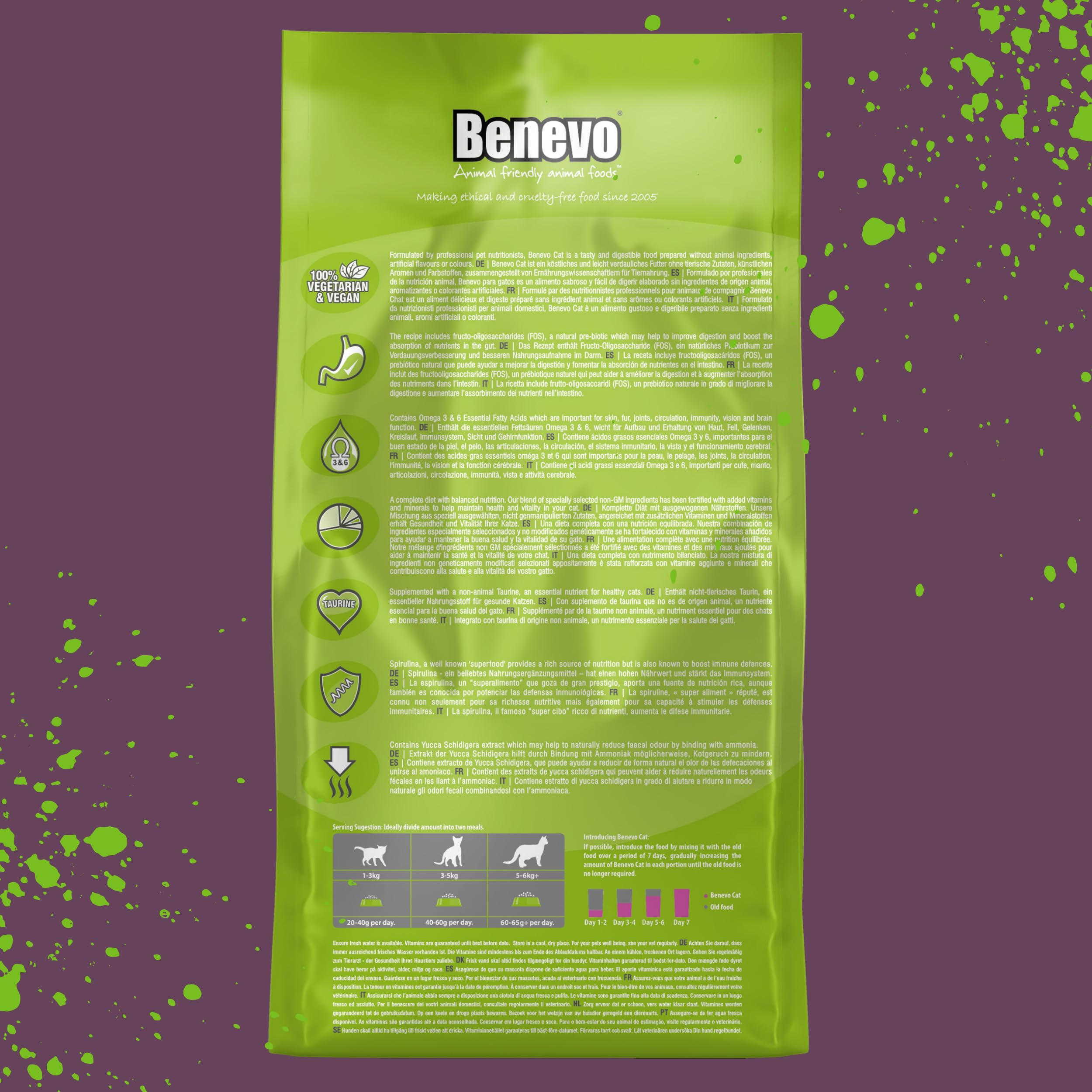Benevo vegan cat food adult 2kg kibble closeup shows balanced plant-based nutrition.