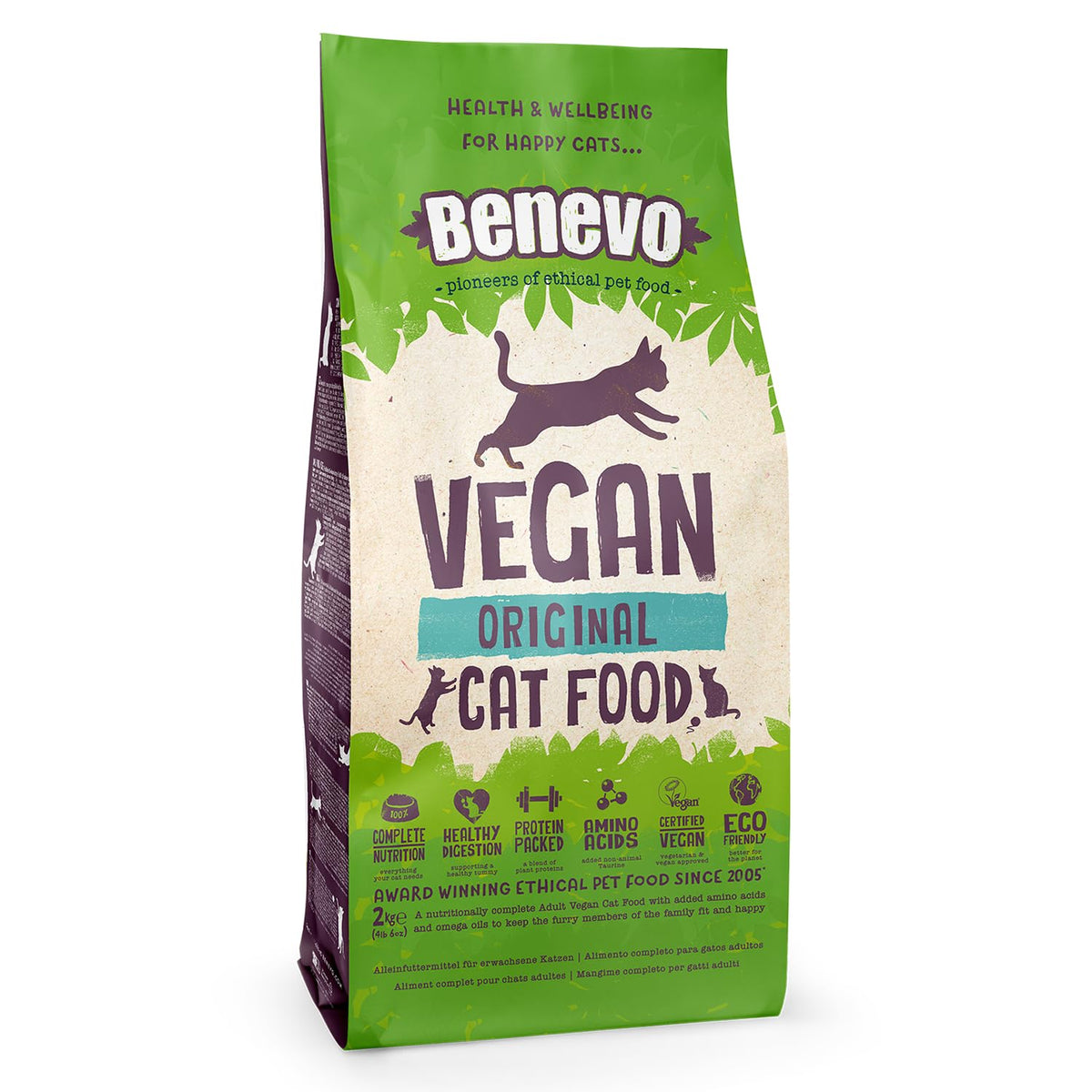 Benevo vegan cat food packaging highlights UK-made ethics and sustainability for cats.