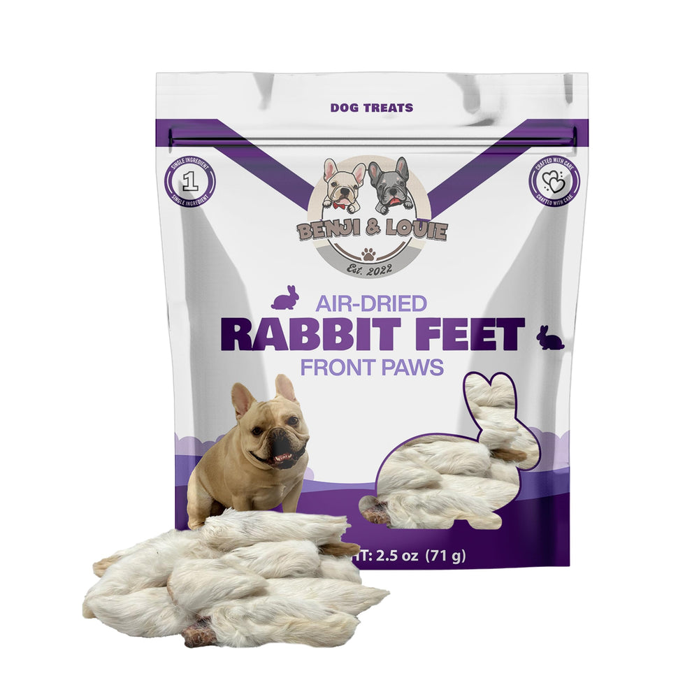 Benji & Louie packaging of air-dried rabbit feet—12-count bag for rewards.