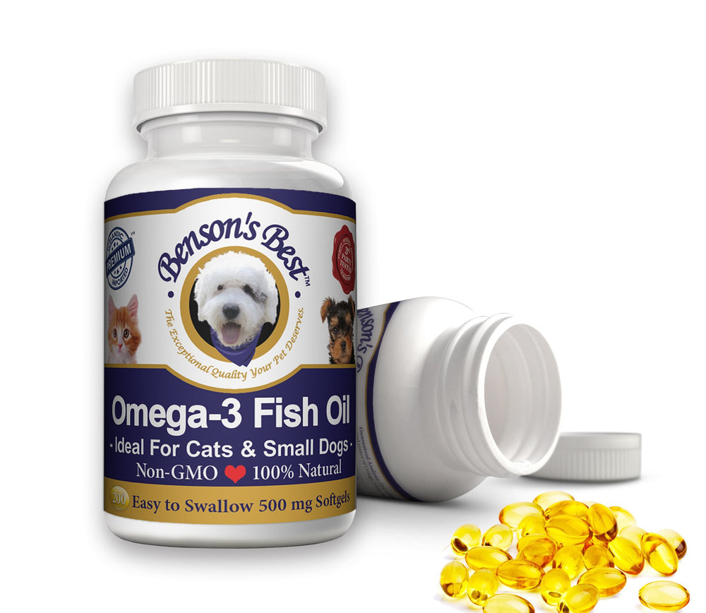 Benson's Best Omega-3 capsules bottle supports healthy skin and coat for cats and small dogs.