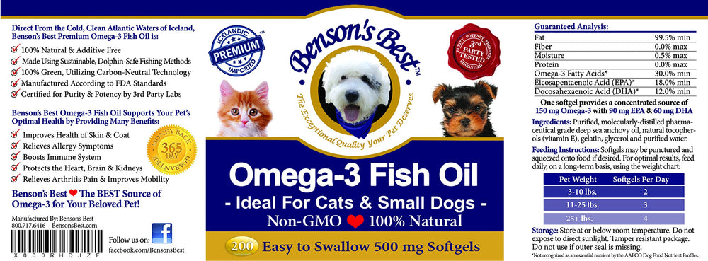 Benson's Best omega-3 for pets promotes shinier coat and softer skin.