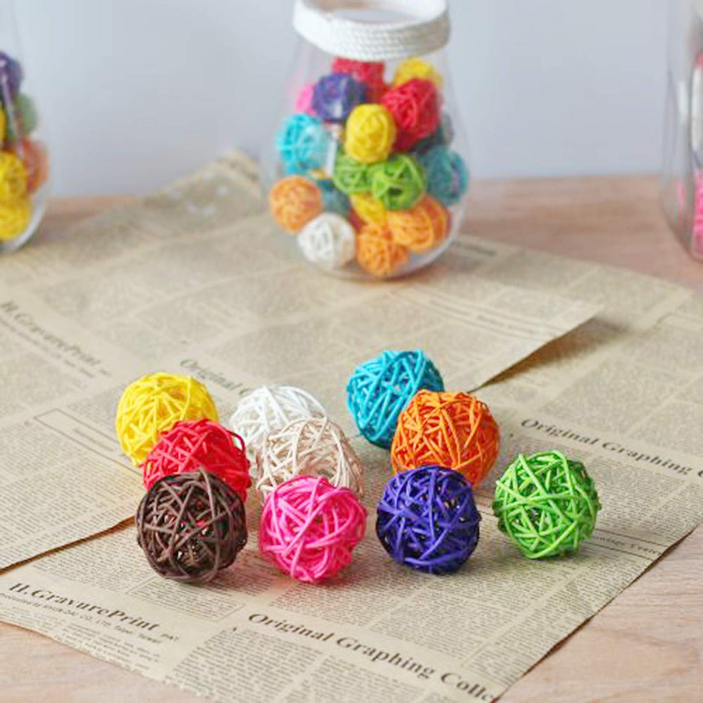 Benvo rattan balls bright colors used in crafts and DIY projects.