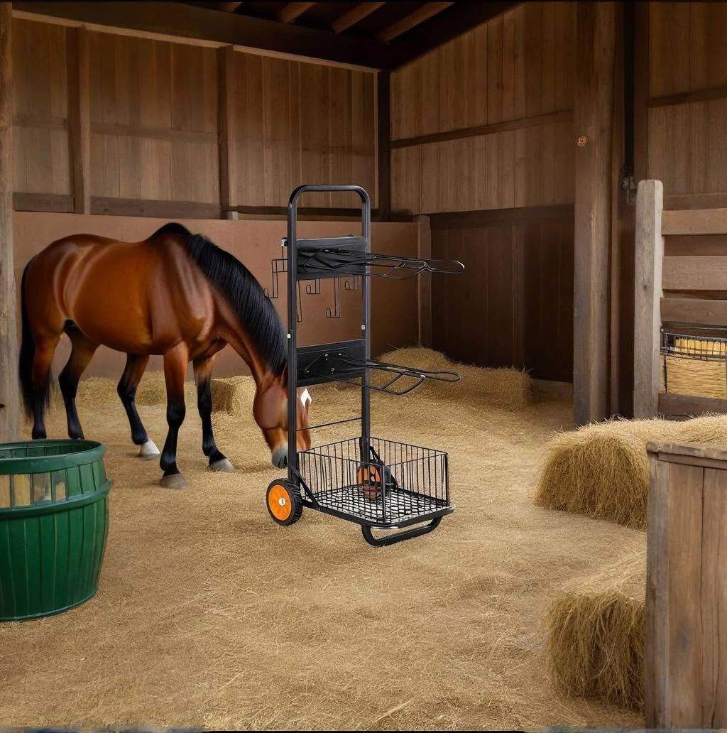 Benyijs two-tier saddle rack with storage basket and bottom shelf for gear organization.