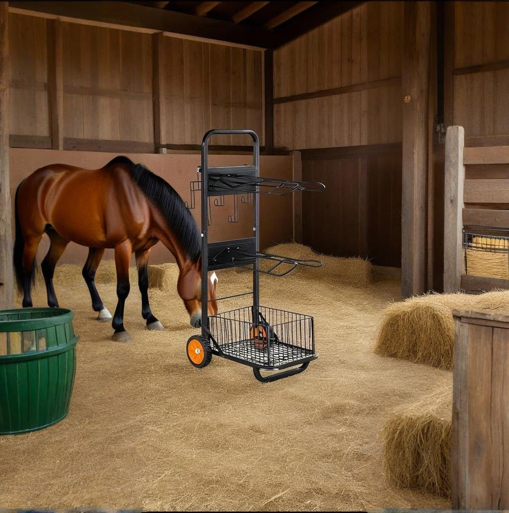 Benyijs two-tier saddle rack with storage basket and bottom shelf for gear organization.