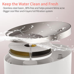 BEQ cat water fountain front view showing quiet operation and ergonomic drinking angle.
