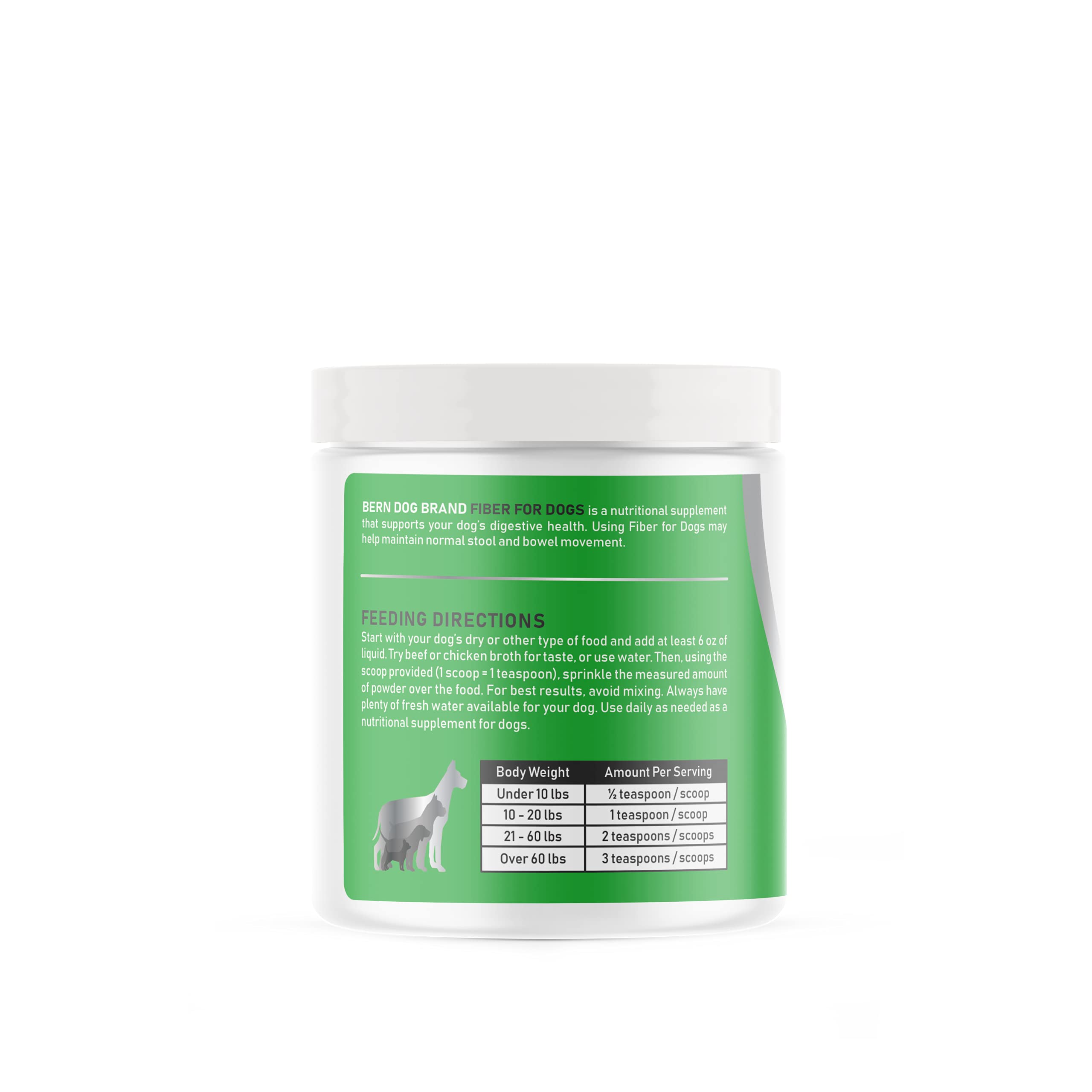 Bern Dog Brand Fiber for Dogs psyllium husk scoop highlights easy mixing for daily regularity.