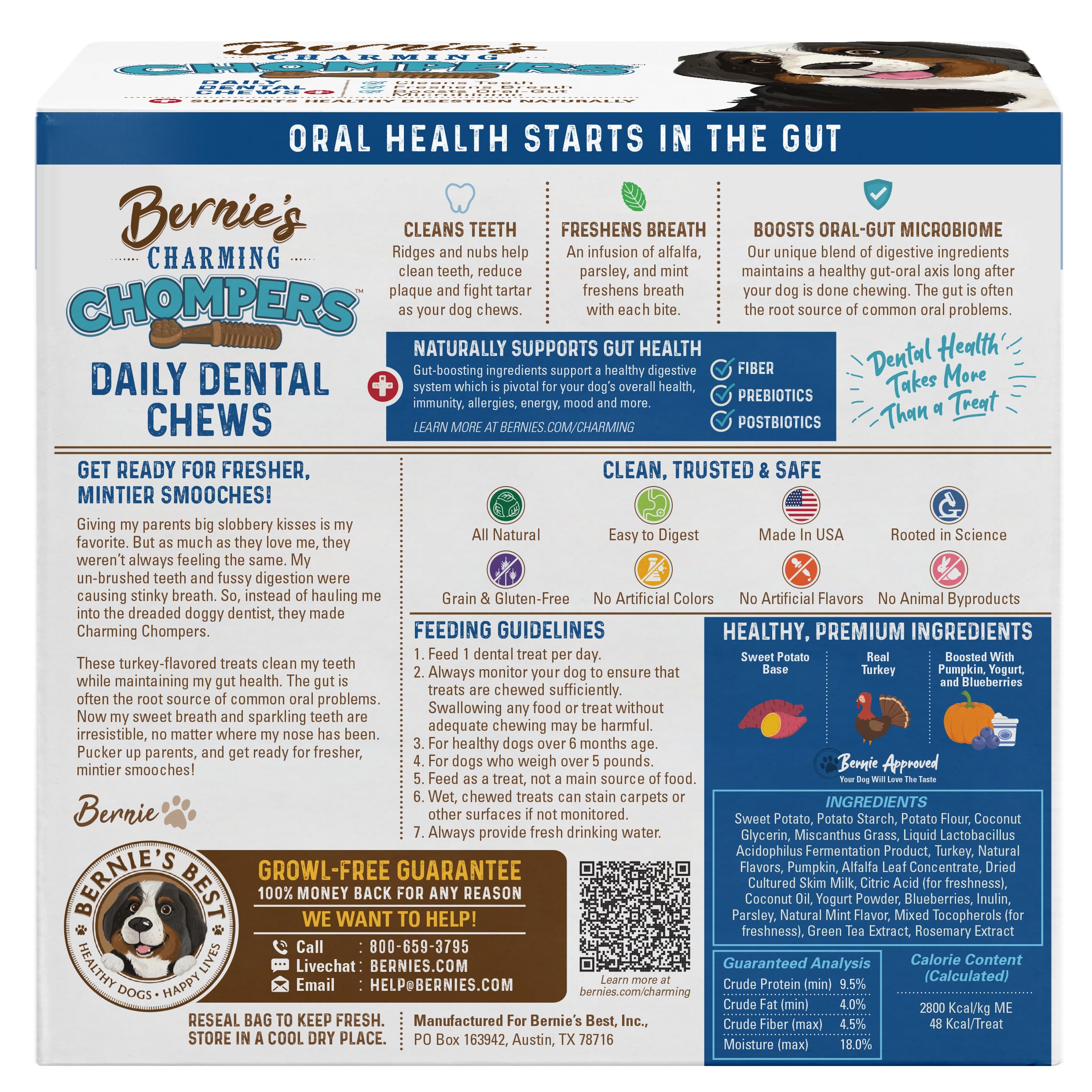 Bernie's Charming Chompers dog chew in mouth promotes clean teeth and fresh breath.