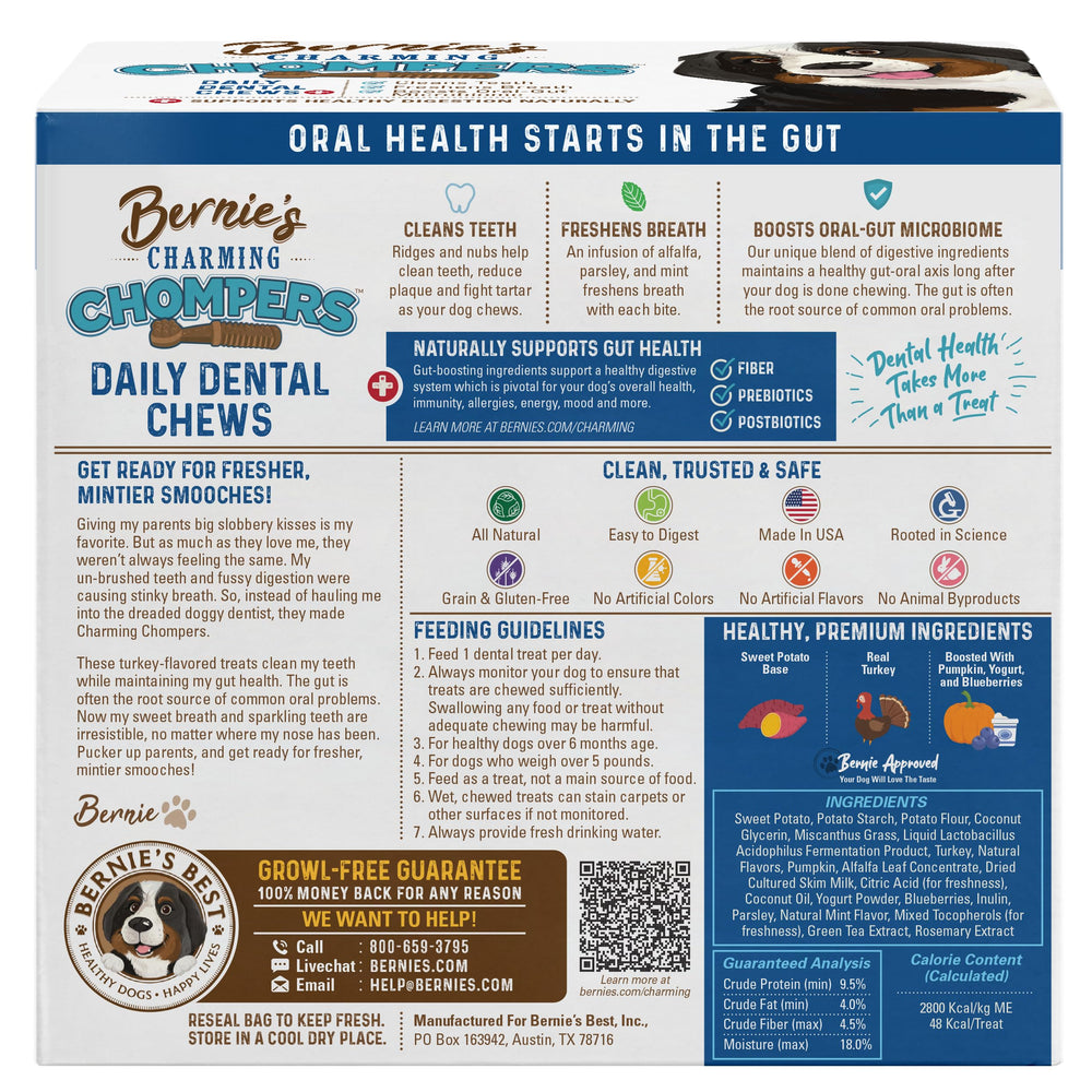 Bernie's Charming Chompers dog chew in mouth promotes clean teeth and fresh breath.