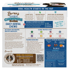 Bernie's Charming Chompers dog chew in mouth promotes clean teeth and fresh breath.