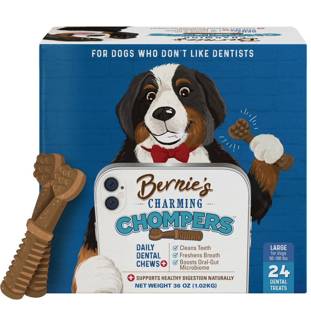 Packaging bag for Bernie's Charming Chompers shows all-natural dental chews for oral care.