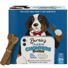 Packaging bag for Bernie's Charming Chompers shows all-natural dental chews for oral care.