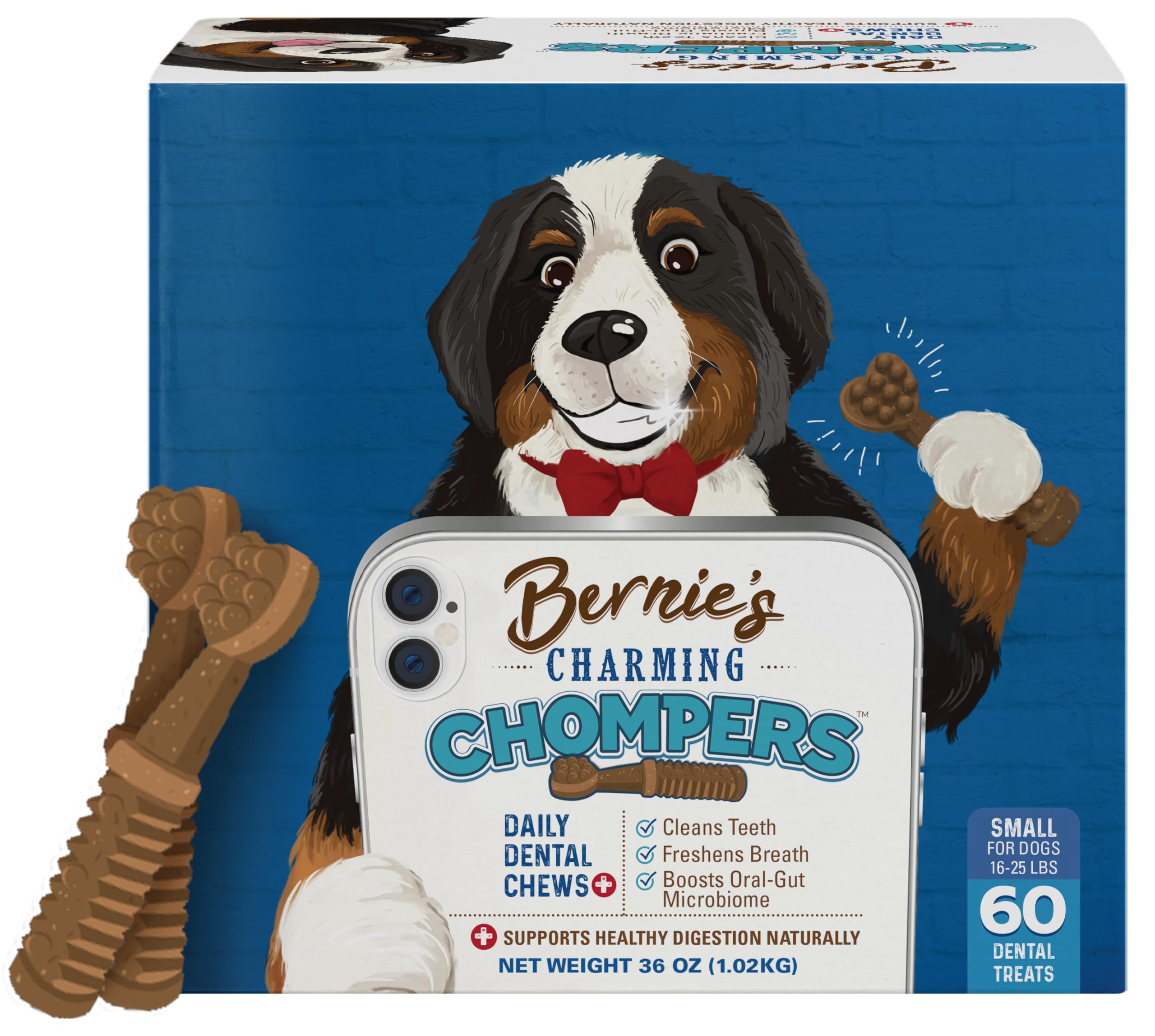 Bernie's Charming Chompers packaging label highlights dental care and gut health support.