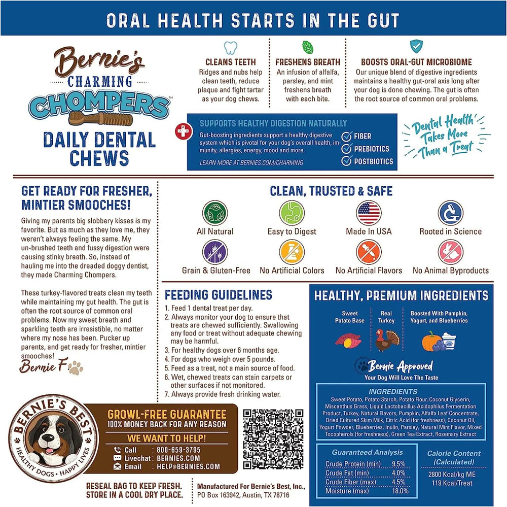 Bernie's Charming Chompers teeth cleaning closeup highlights oral care benefits.