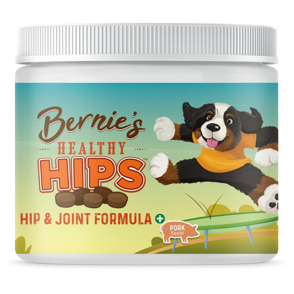 Bernie's Healthy HIPS bottle closeup highlighting joint support during daily walks.