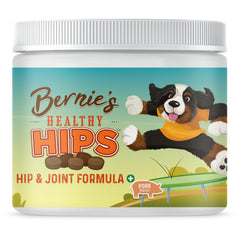 Bernie's Healthy HIPS bottle closeup highlighting joint support during daily walks.
