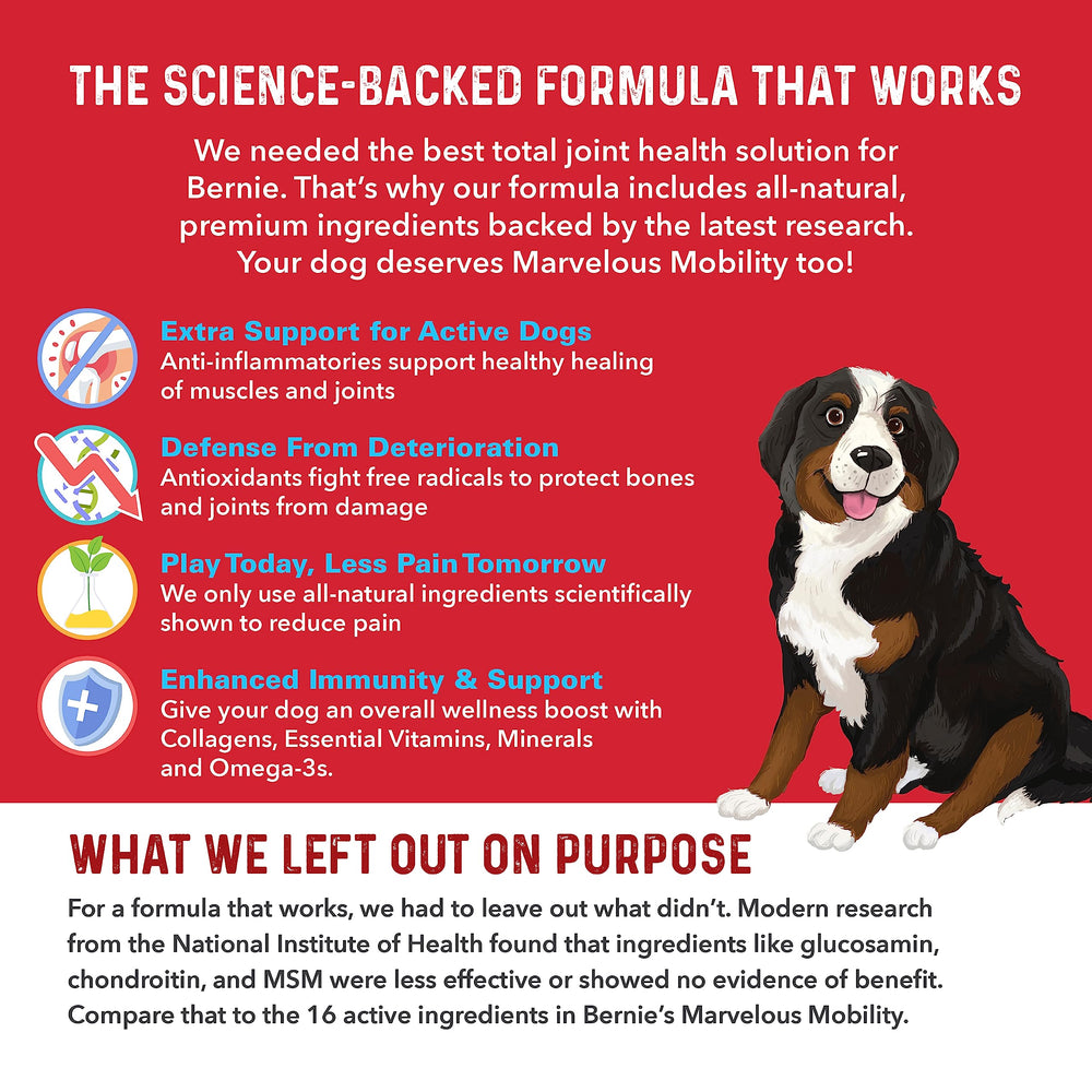 Bernie's Marvelous Mobility bottle label highlights natural ingredients and safe formulation.