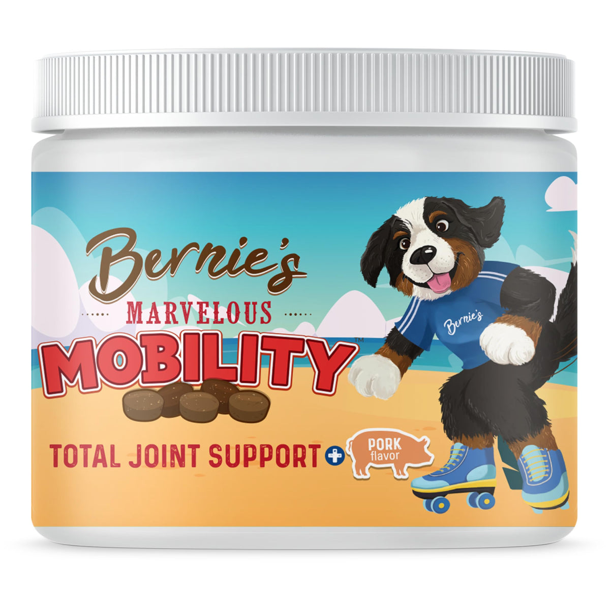 Bernie's Marvelous Mobility soft chews close-up on packaging promoting joint support.