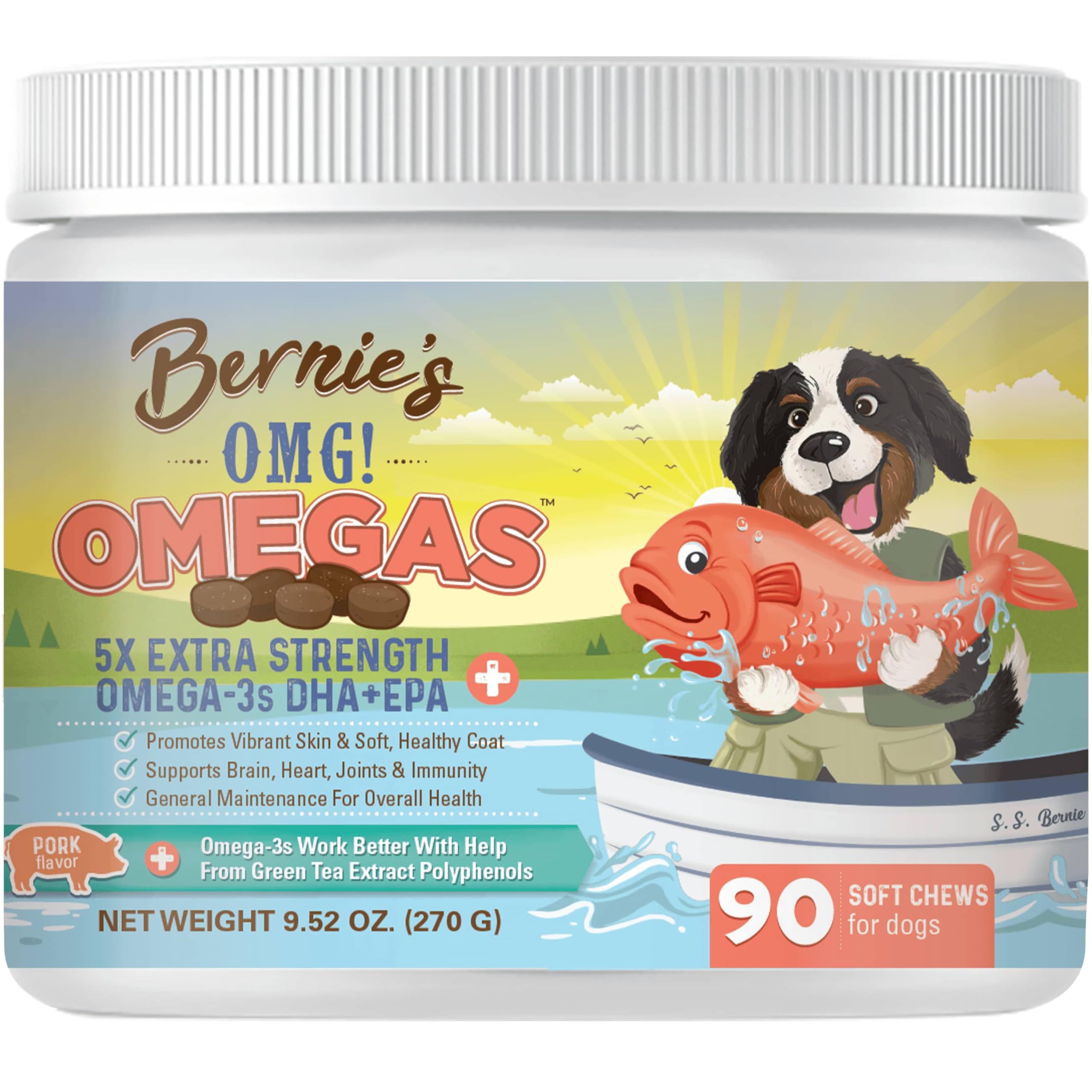 Bernie's OMG Omegas Chews bottle; convenient soft chews support healthy skin and coat.