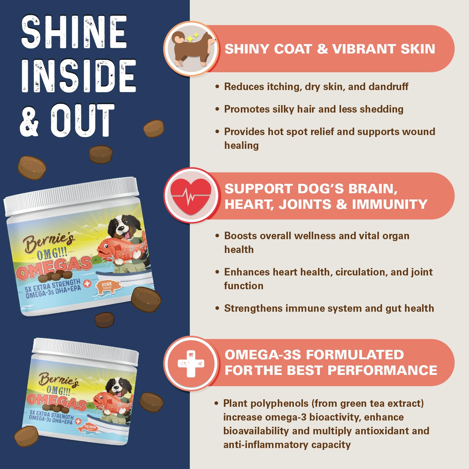 Bernie's OMG Omegas Chews pork flavor closeup; palatable omega boost for picky eaters.