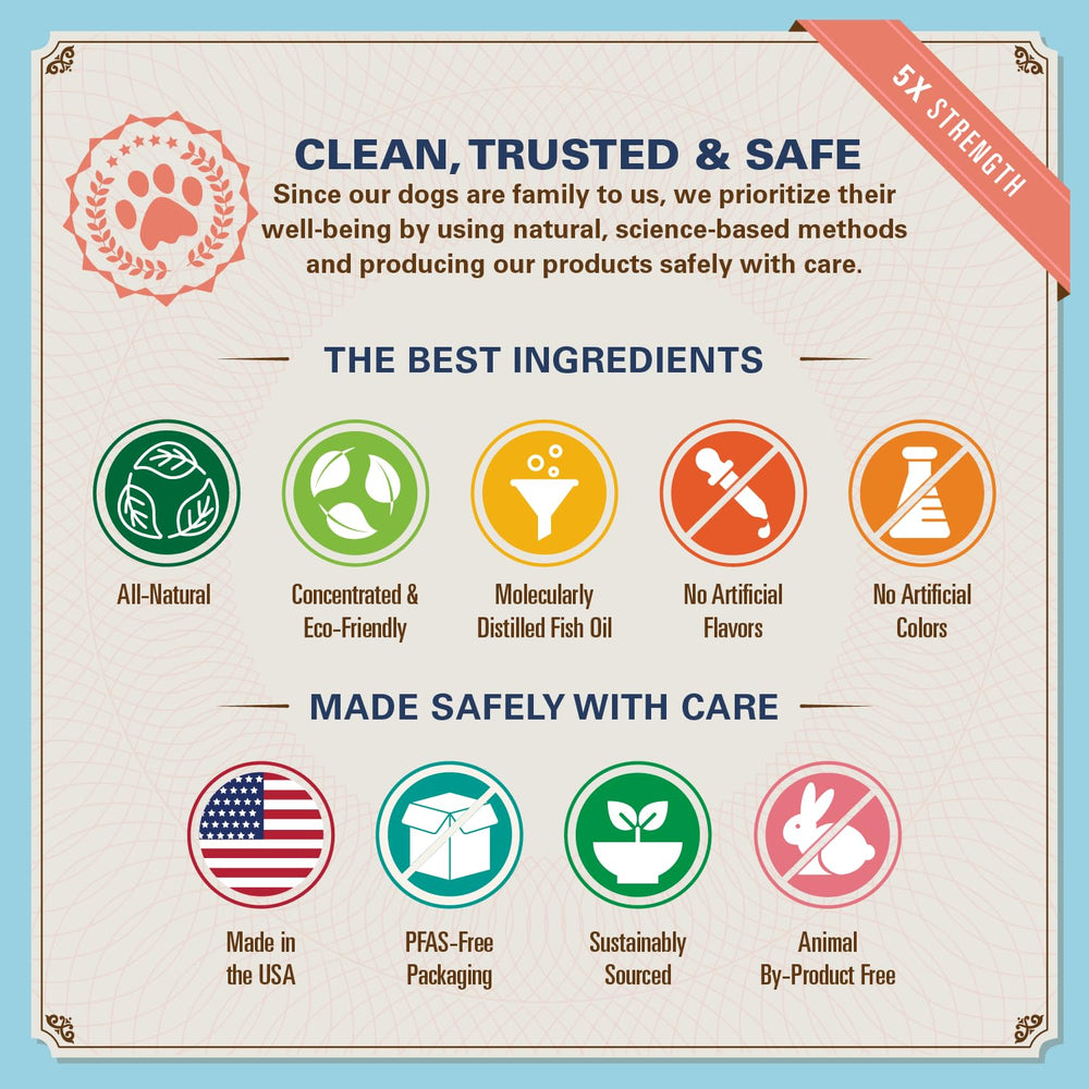 Bernie's OMG Omegas Chews USA-made packaging; clean, safe, and sustainably sourced.
