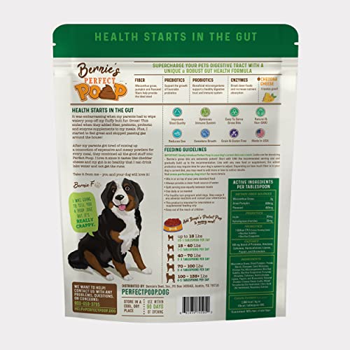 Bernie's Perfect Poop cheddar-cheese-flavor dog-bowl presents tasty digestion support
