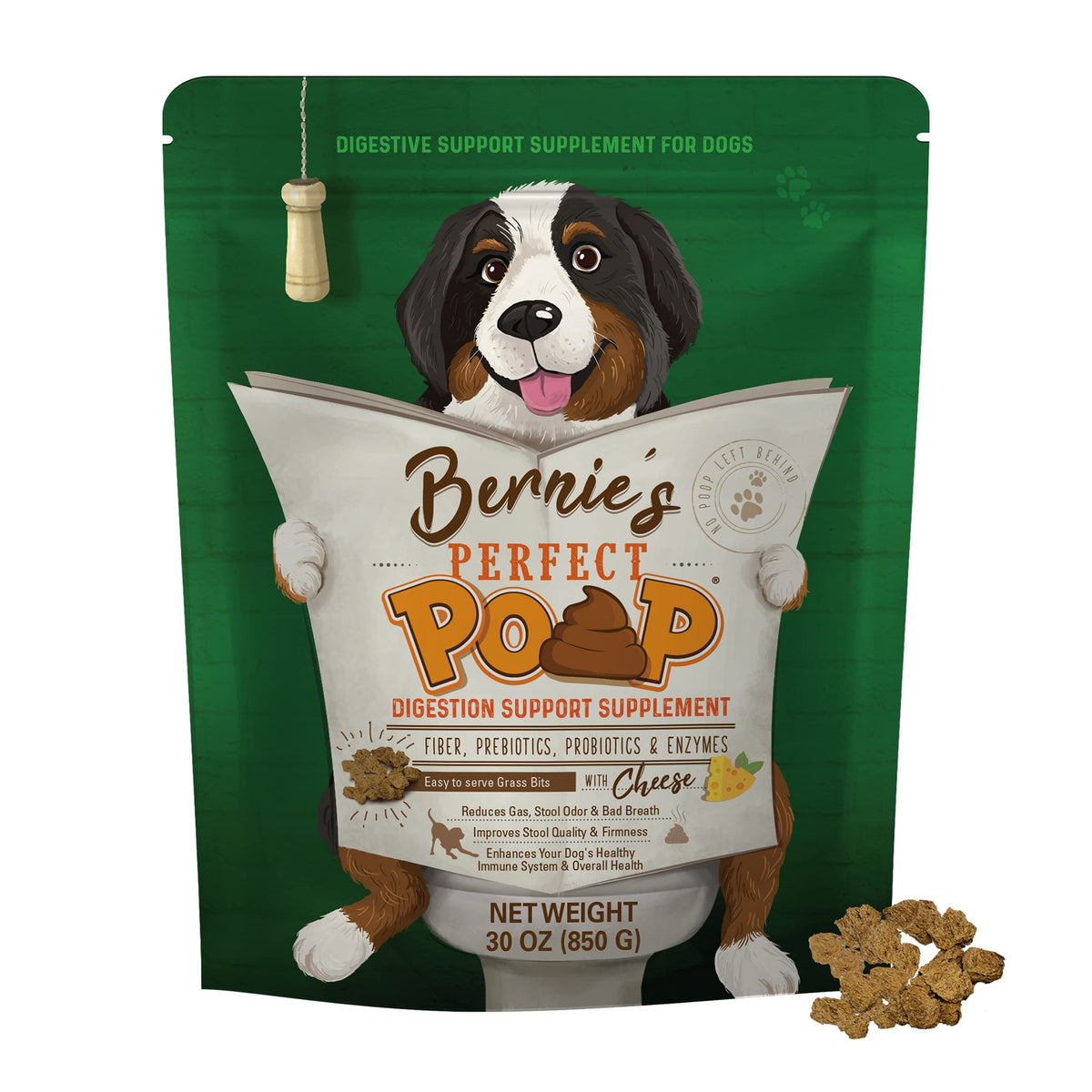 Bernie's Perfect Poop dog digestive supplement bottle-front supports gut health