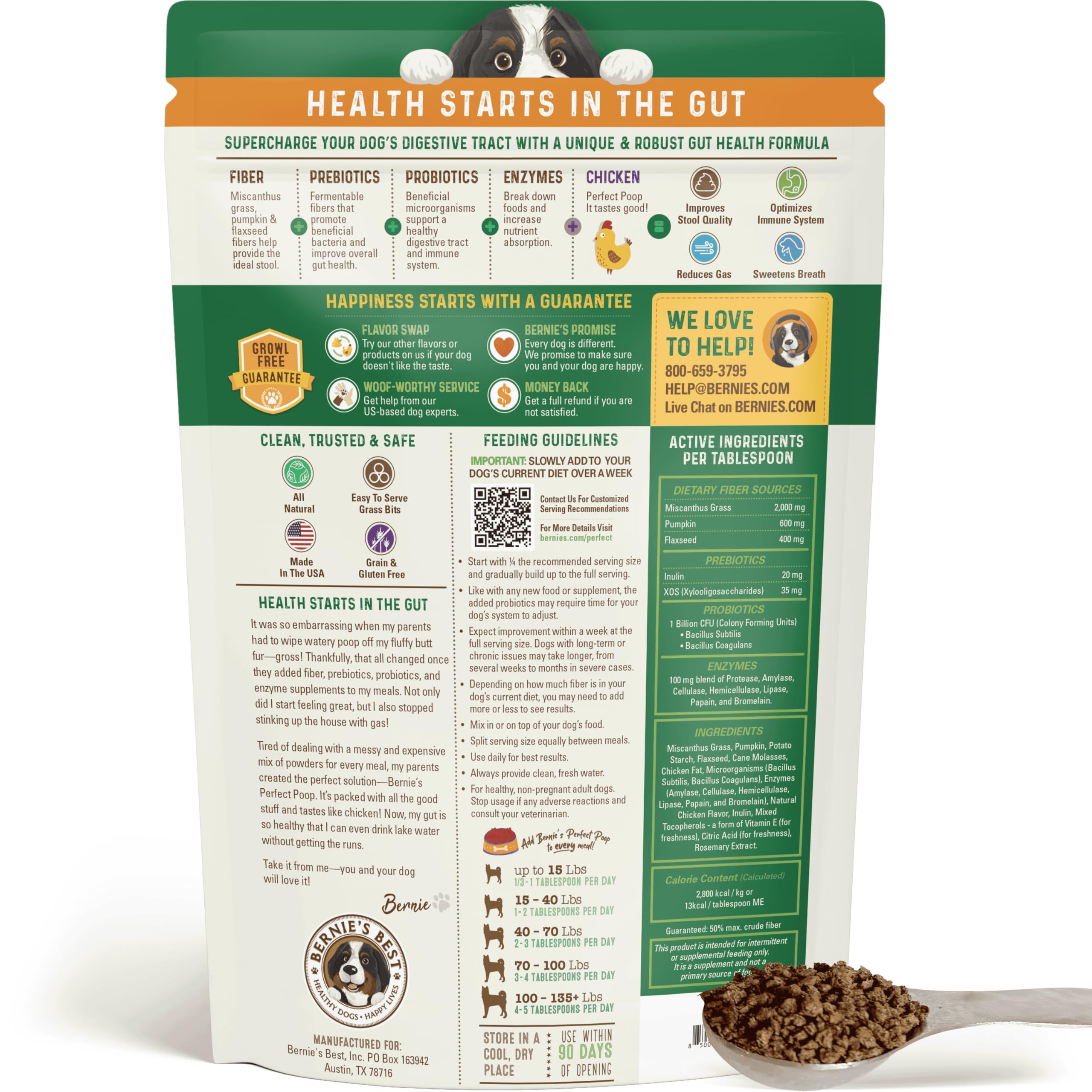 Bernie's Perfect Poop serving spoon with powder-free mix blending into dog food for digestion