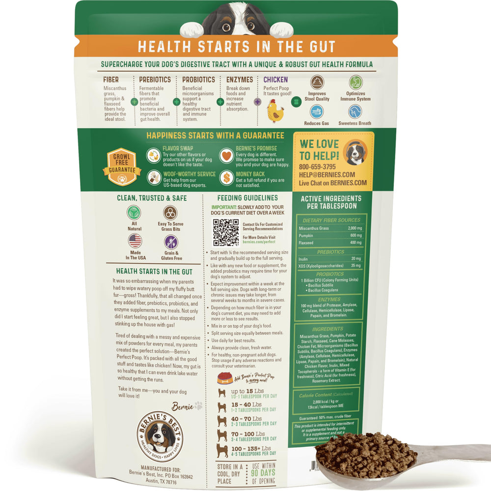Bernie's Perfect Poop serving spoon with powder-free mix blending into dog food for digestion