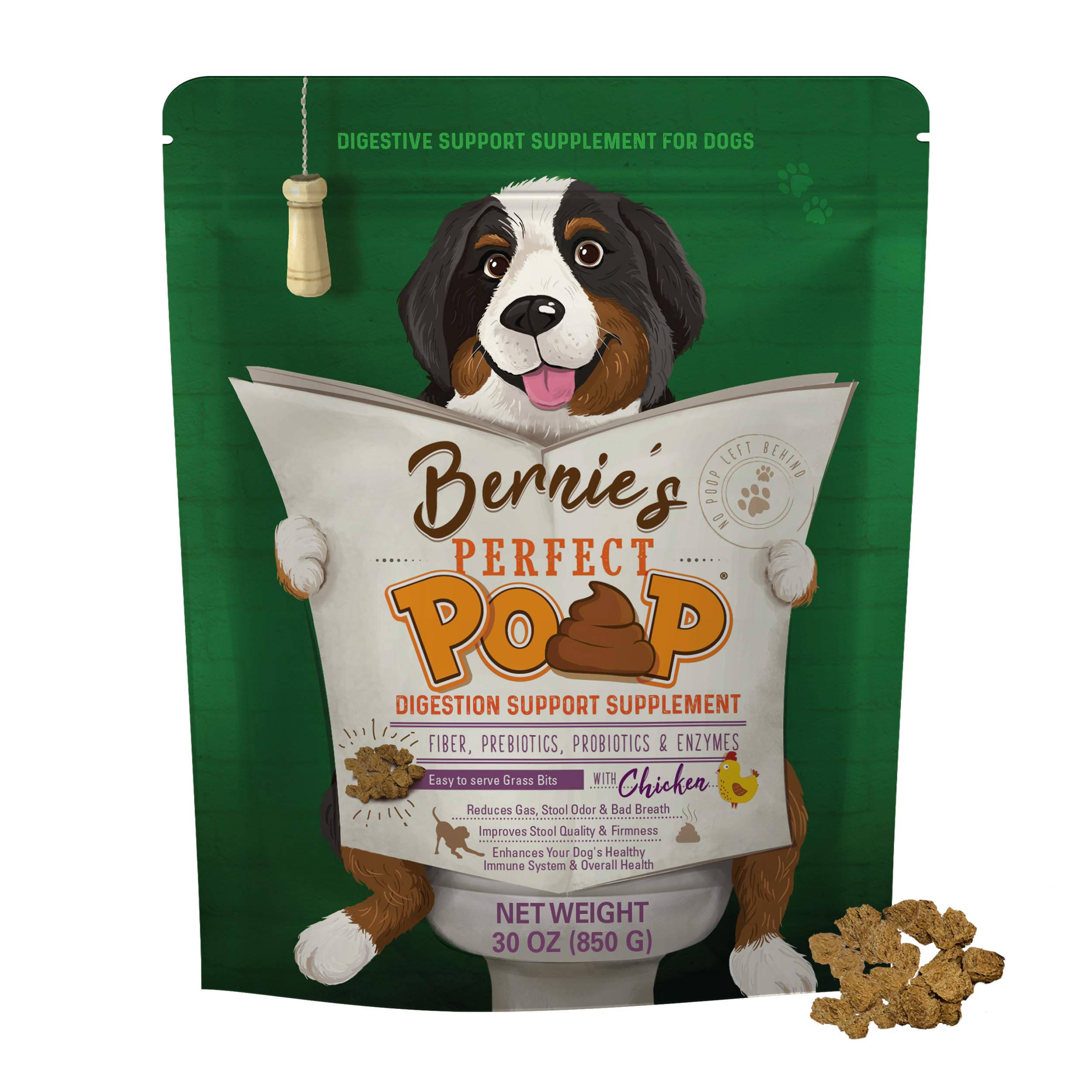 Bernie's Perfect Poop tub label closeup with high fiber grass bits for gut health