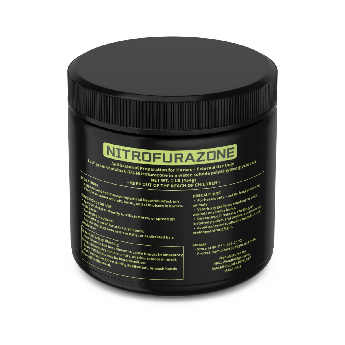 BESLKB horse wound ointment bottle closeup highlighting nitrofurazone-based topical care.