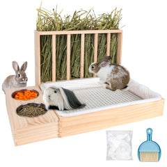 BESNEW 3 in 1 wooden hay feeder housing keeps hay tidy and accessible for small pets