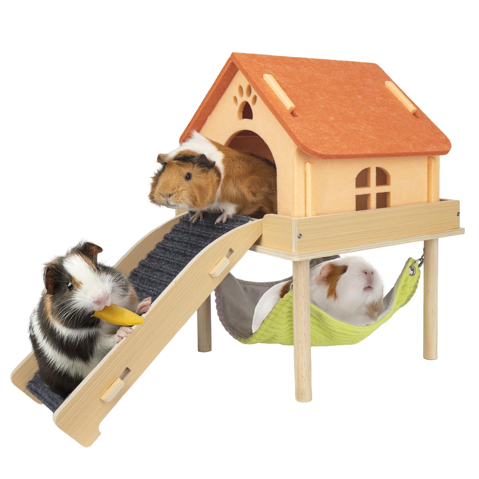 BESNEW 3-in-1 guinea pig setup assembled view showing hammock, platform, and stairs for playing and resting.